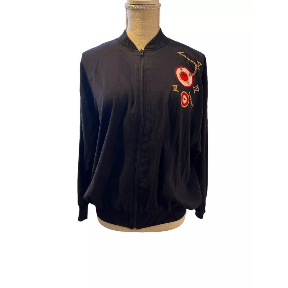 VTG Peter Popovitch Black Clock Embroidered‎ Full Zip Bomber Jacket  Novelty